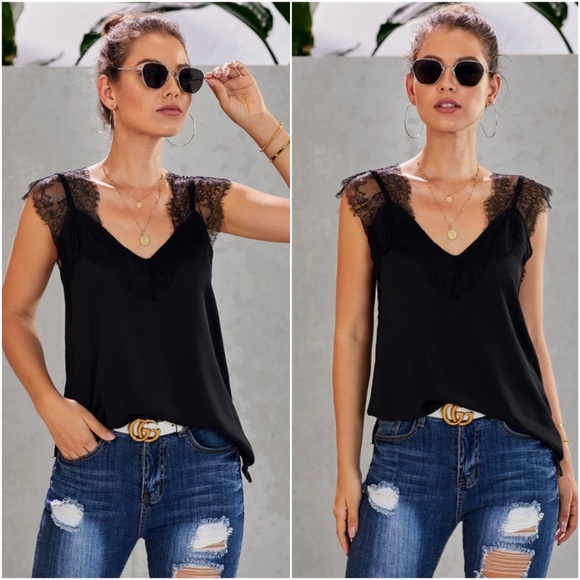 boho black v neck lace detail tank top - Picture 2 of 3